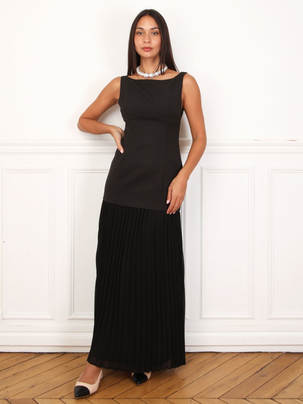 Black pleated maxi dress with two-piece effect