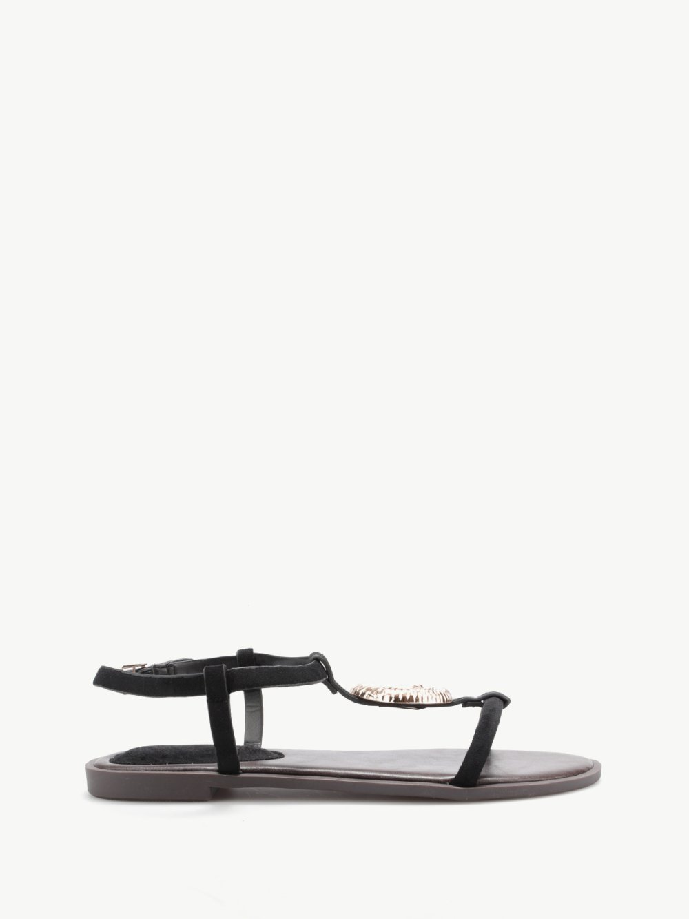 Black flat sandals with gold shell charm