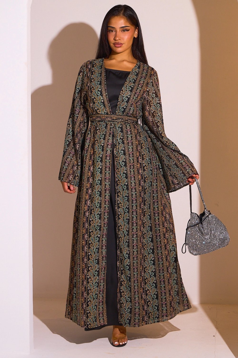 Black abaya and multicoloured kimono set