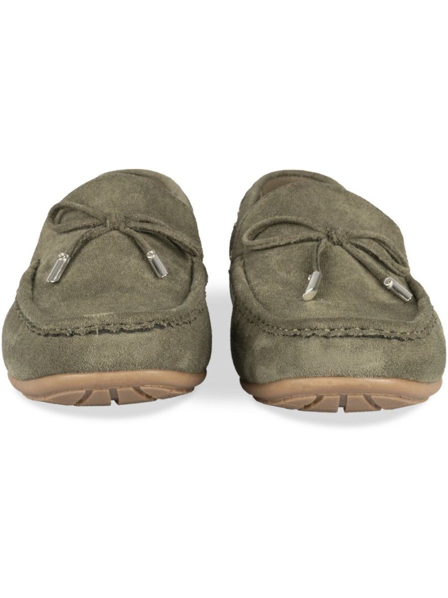 Khaki suede-effect bow loafers