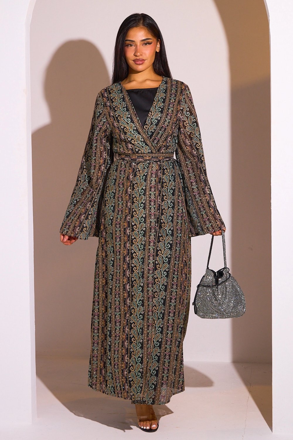Black abaya and multicoloured kimono set