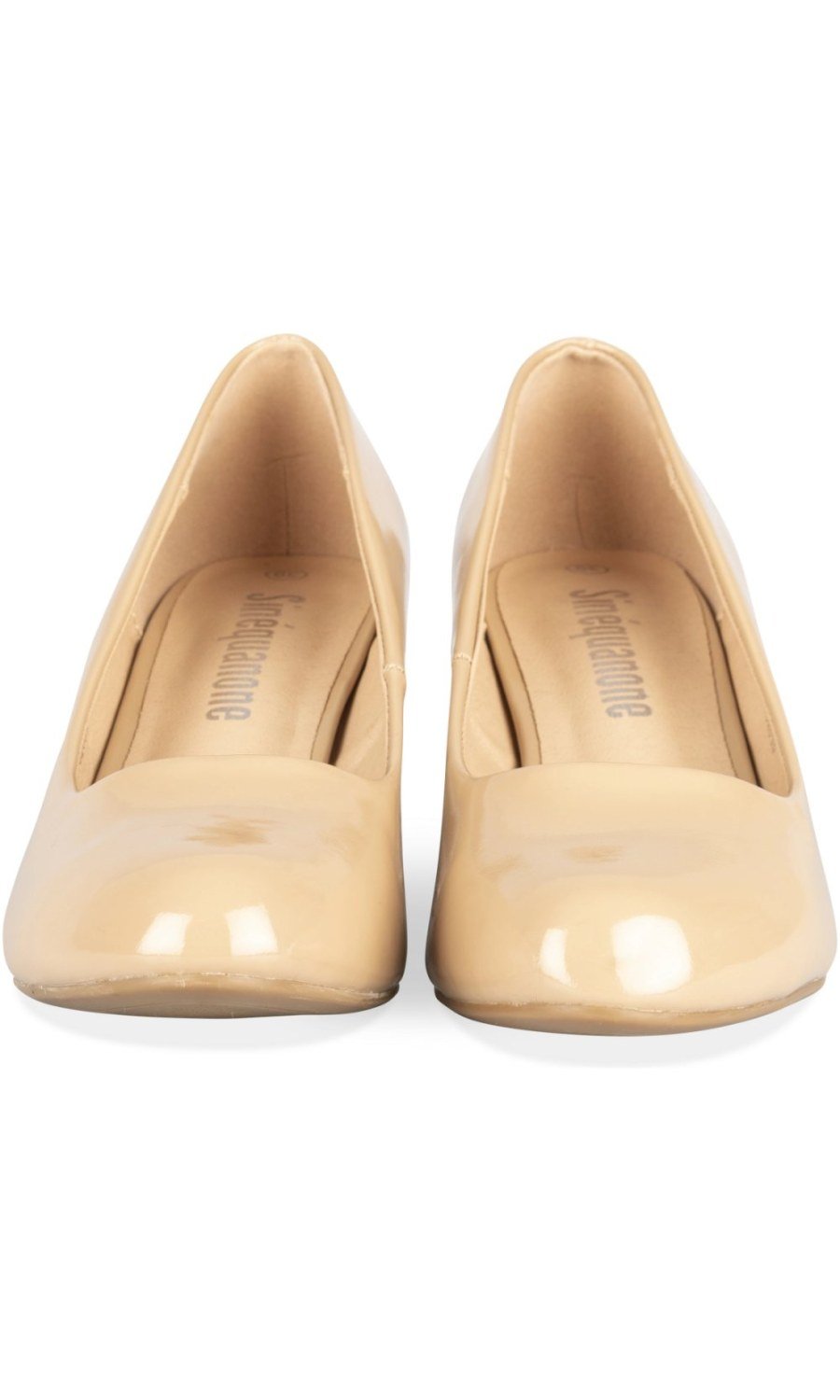 Beige patent block-heel round-toe pumps