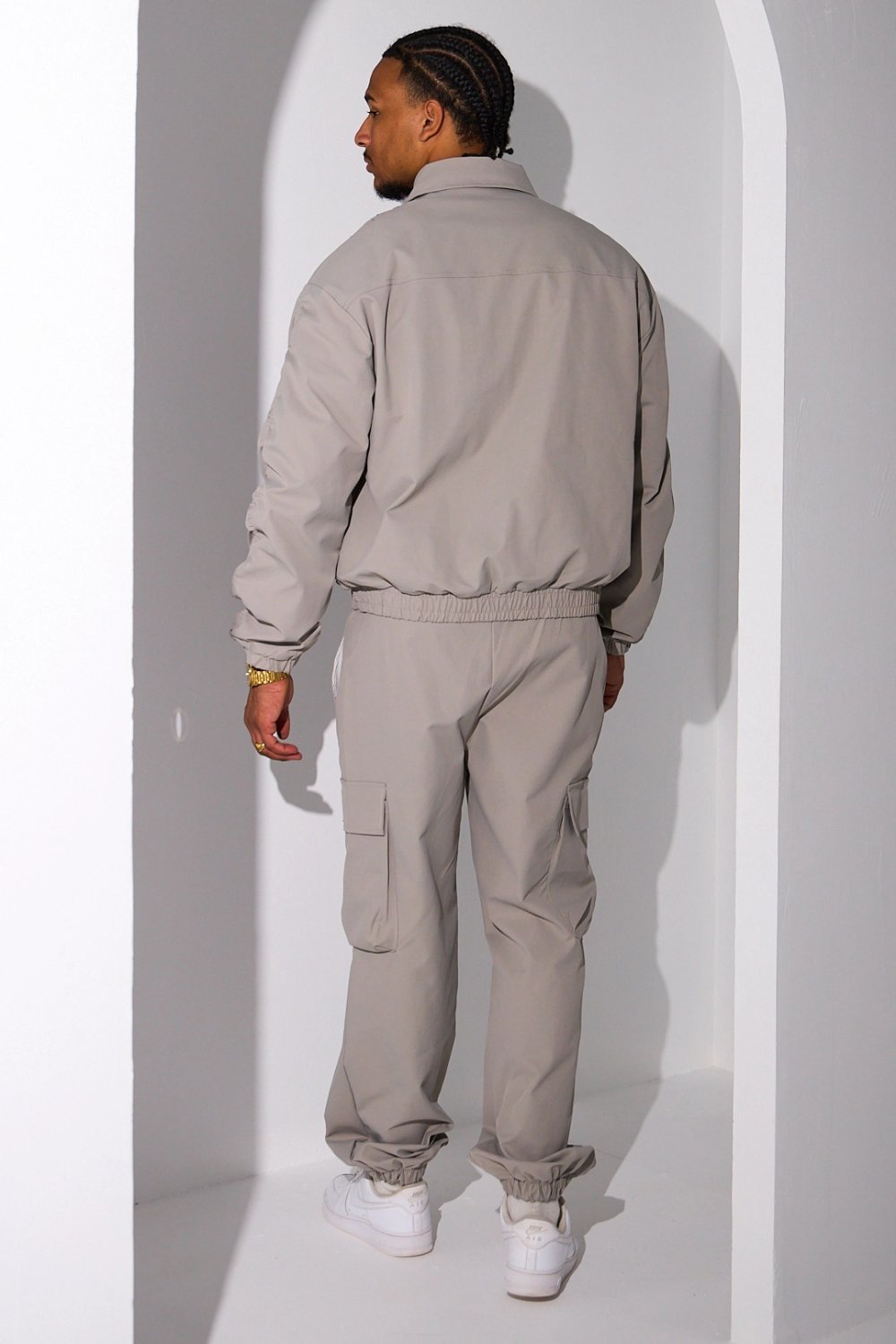 Beige rhinestone jacket and cargo joggers tracksuit