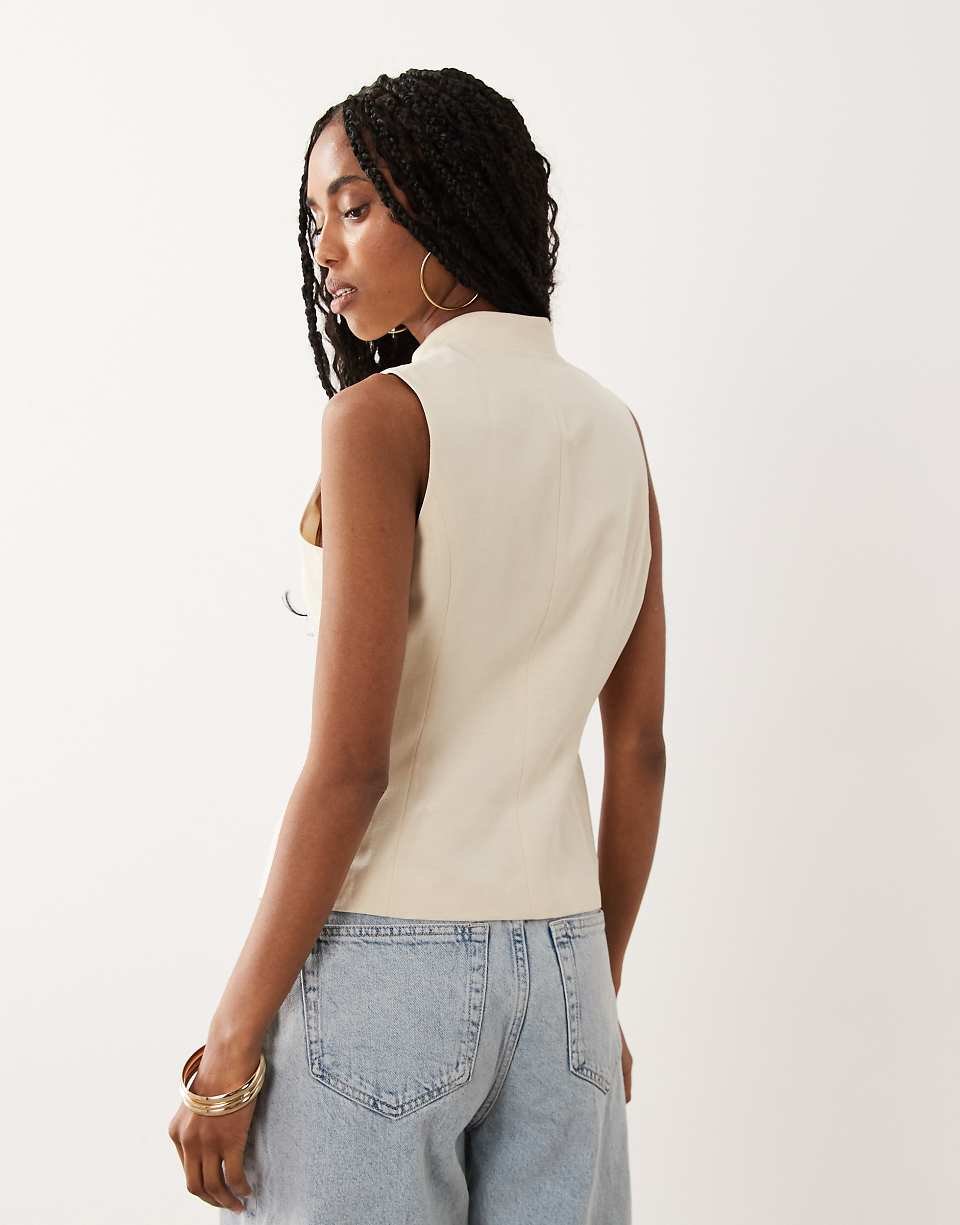 Linen-blend tank top with mandarin collar - Ivory
