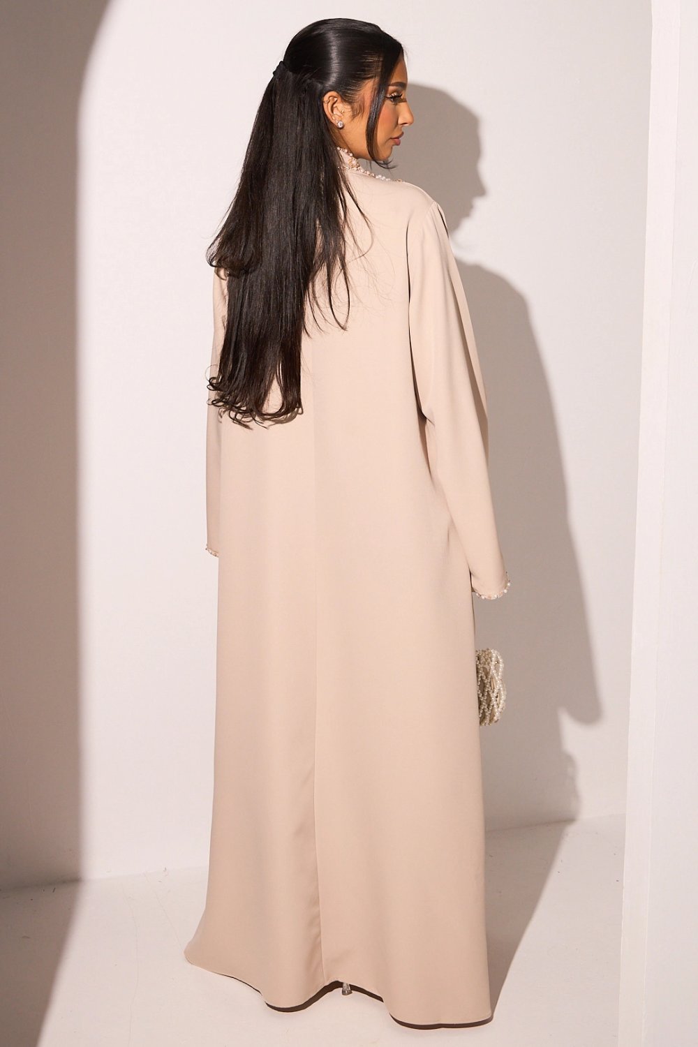 Taupe V-neck abaya with beaded flowers
