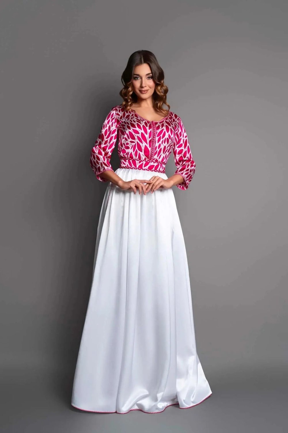 Fuchsia and white printed satin kaftan