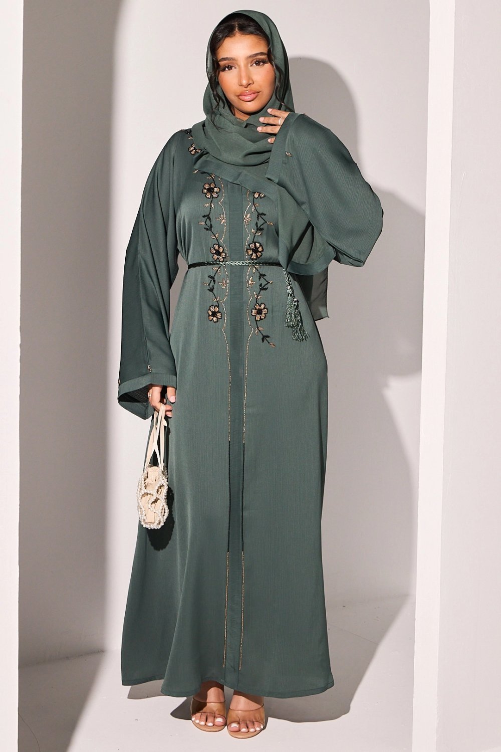 Abaya à strass en fleurs vert-gris