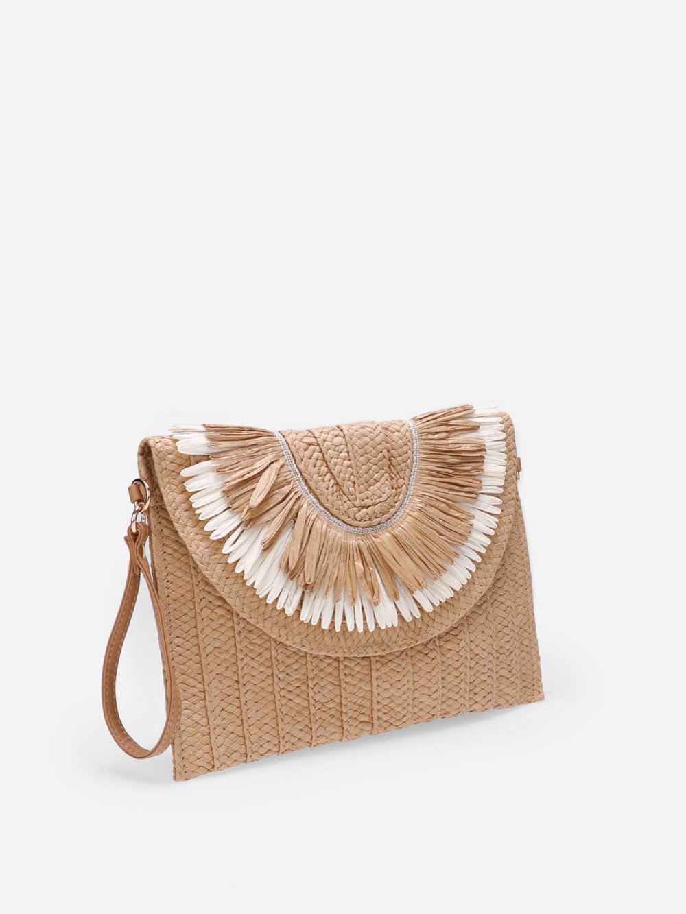 Pochette en raphia tressé à franges taupe