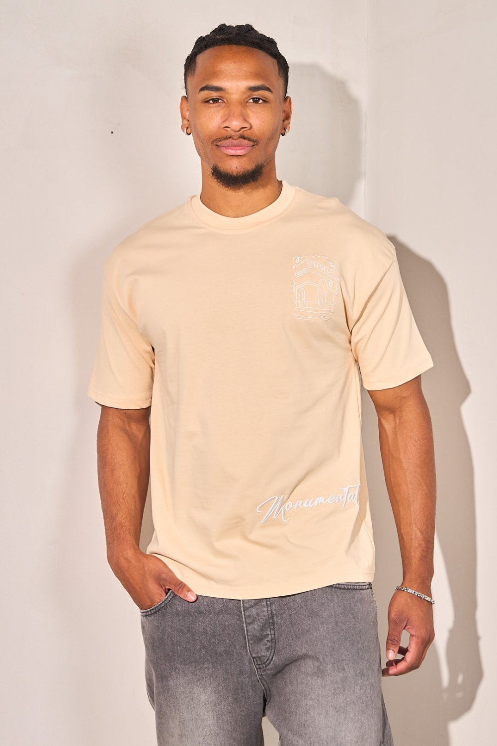 T-shirt ample à inscription en relief beige