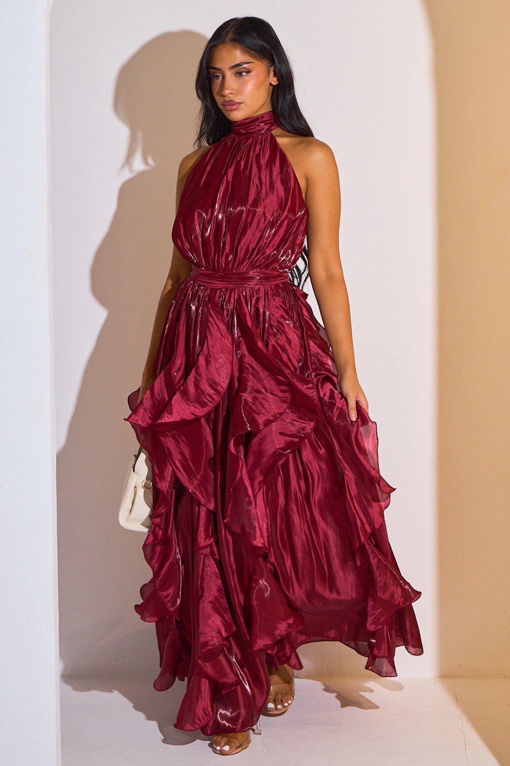 Robe twila satinée b col montant w volants bordeaux