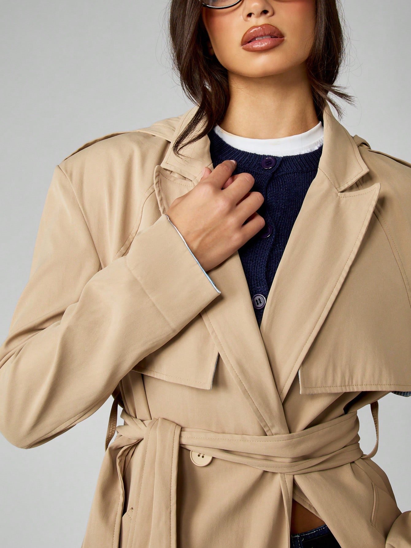 Oversize double-breasted trench coat with hood and belt