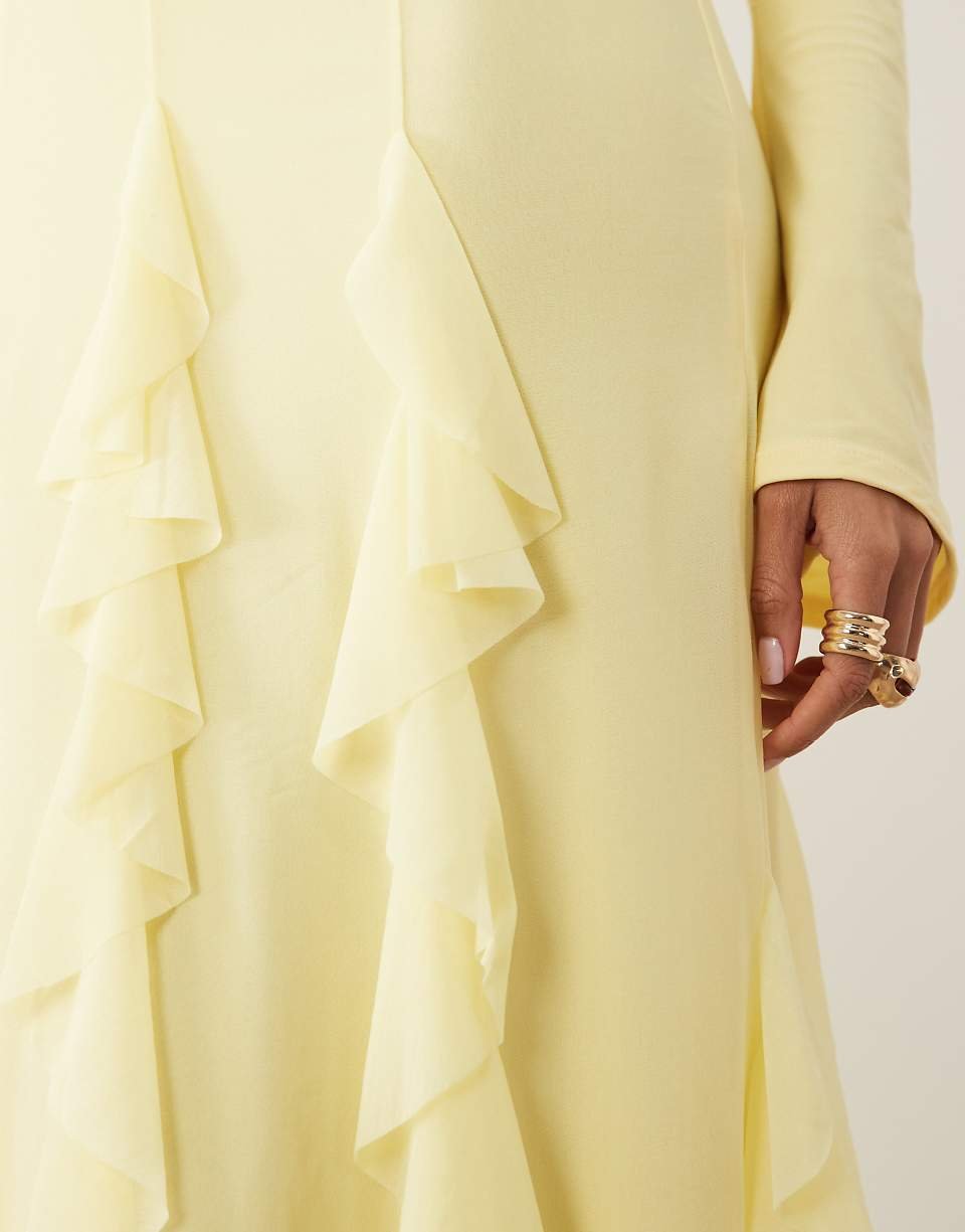 Off-shoulder long-sleeve maxi dress in stretch chiffon with godet skirt in lemon yellow
