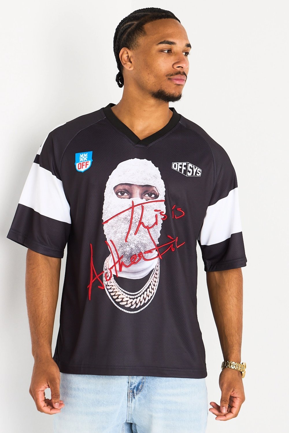 Black V-neck tee with face print