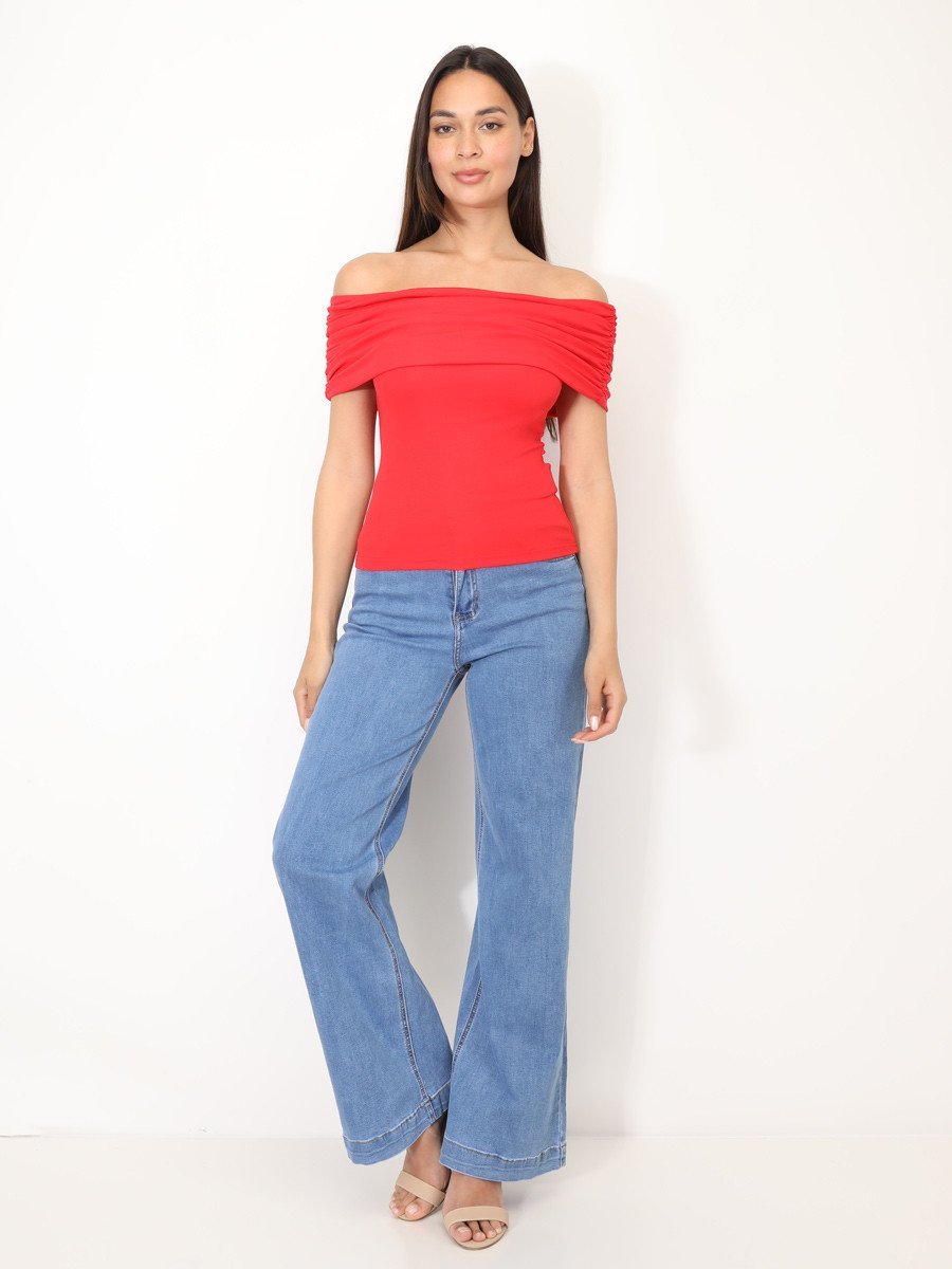 Red fitted bardot top