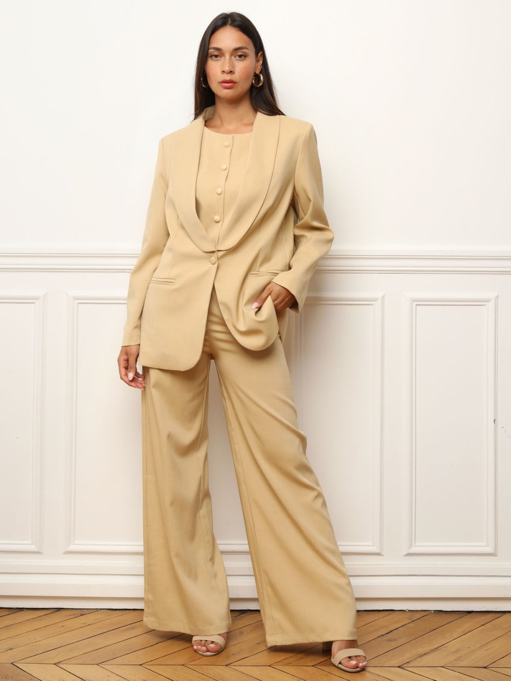 Beige oversized shawl-collar suit jacket