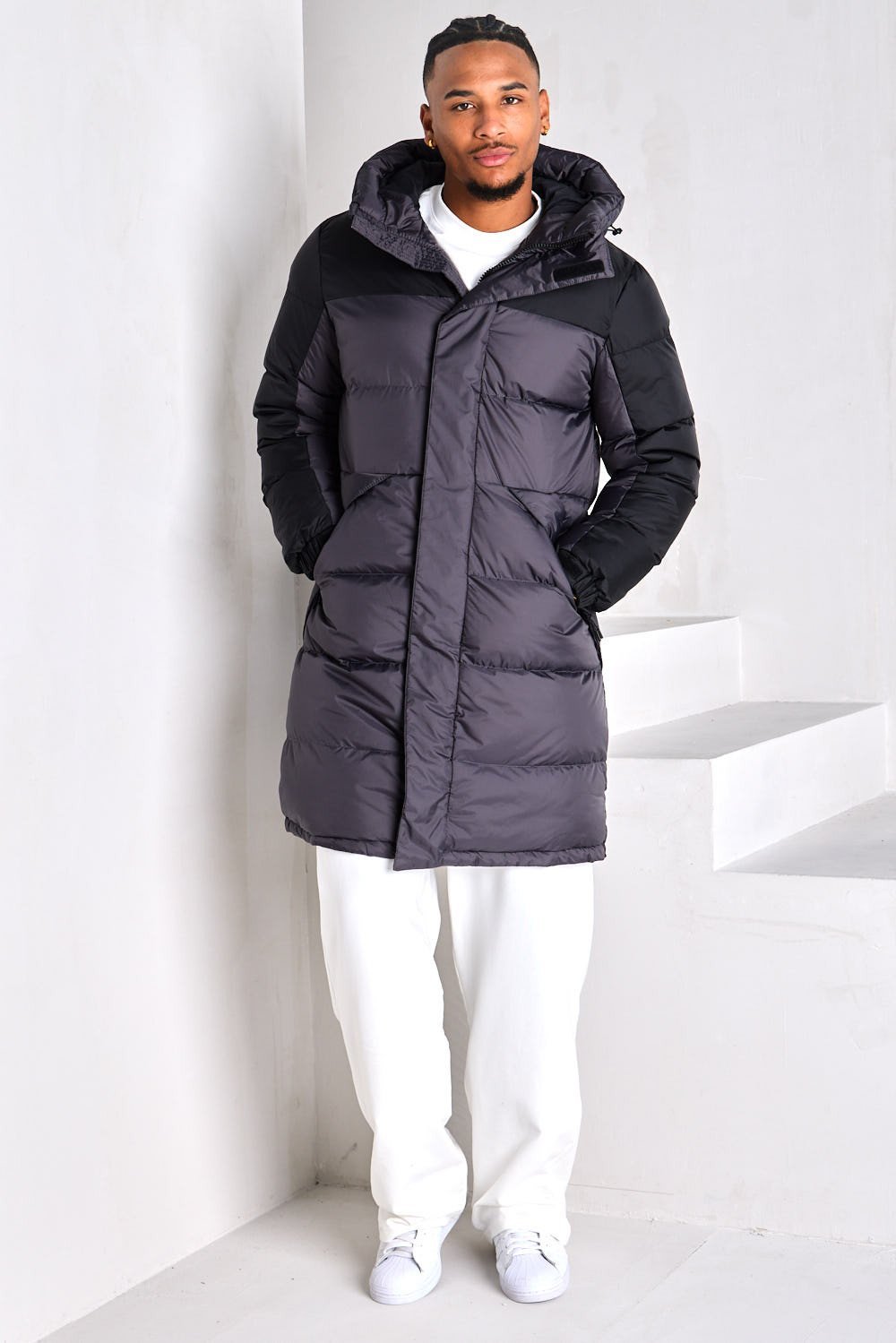Black long waterproof hooded puffer jacket
