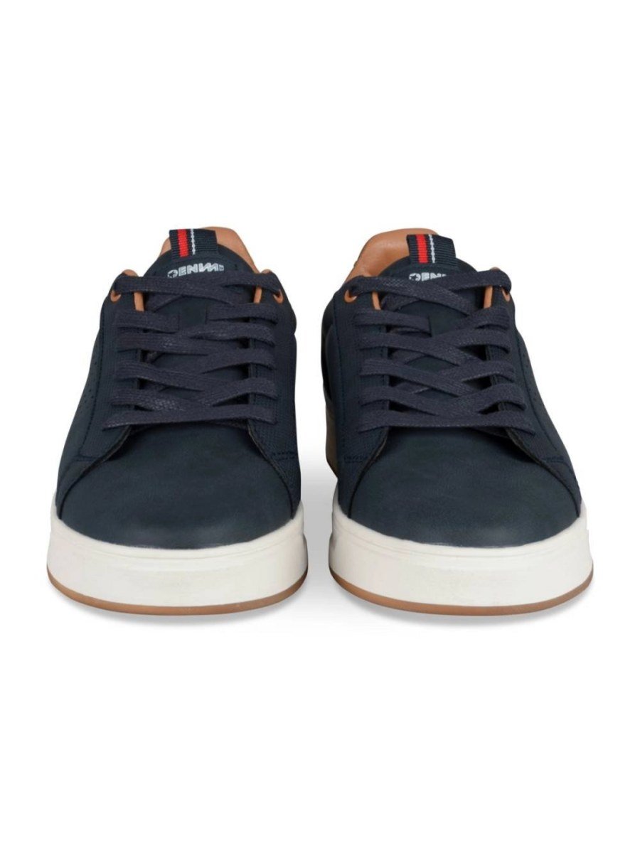 Navy perforated sneakers with tan collar