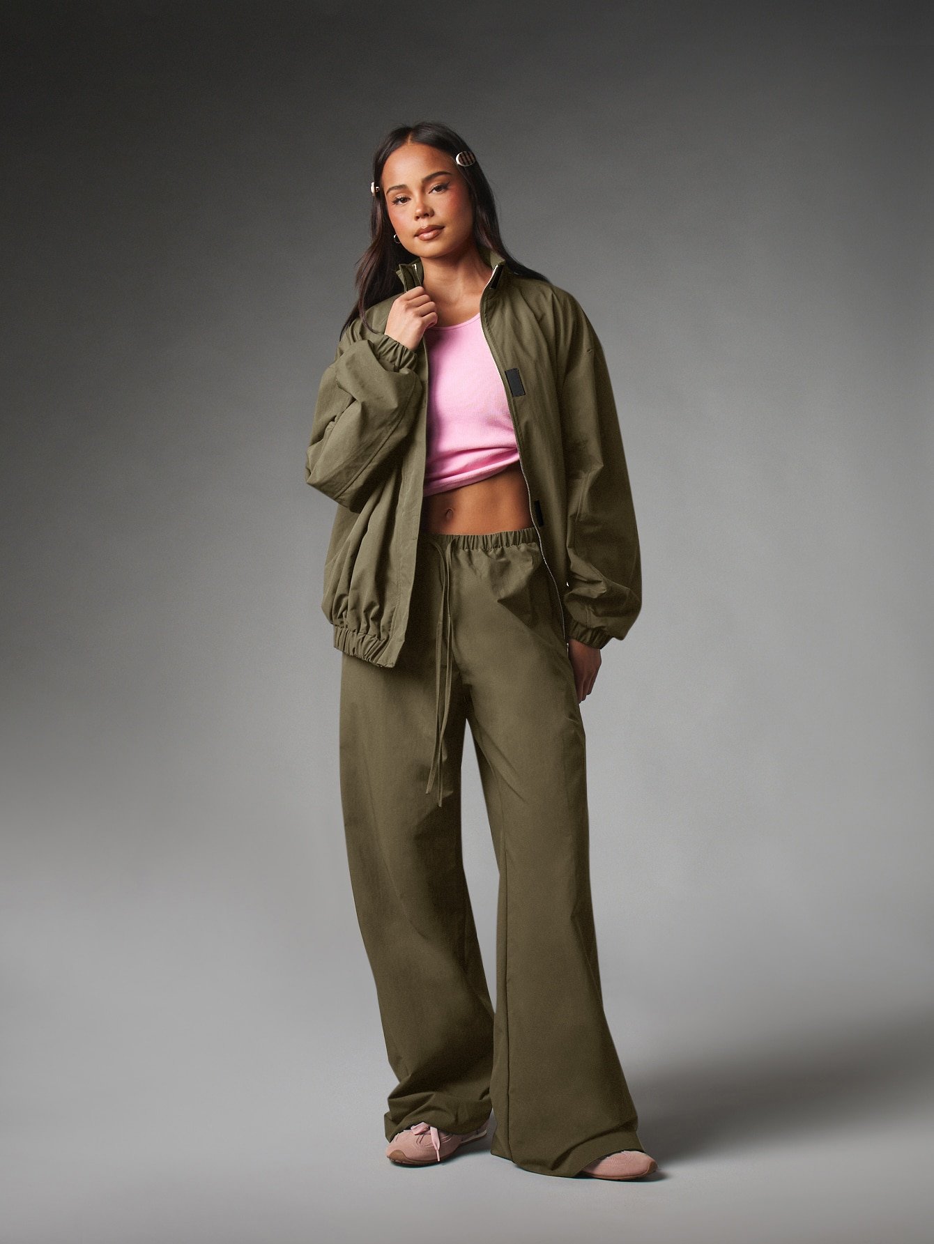 Oversized zip bomber jacket with gathered cuffs