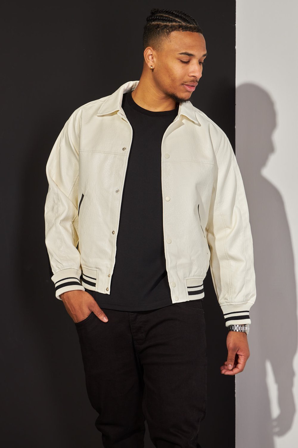 Ecru and black two-tone faux leather bomber