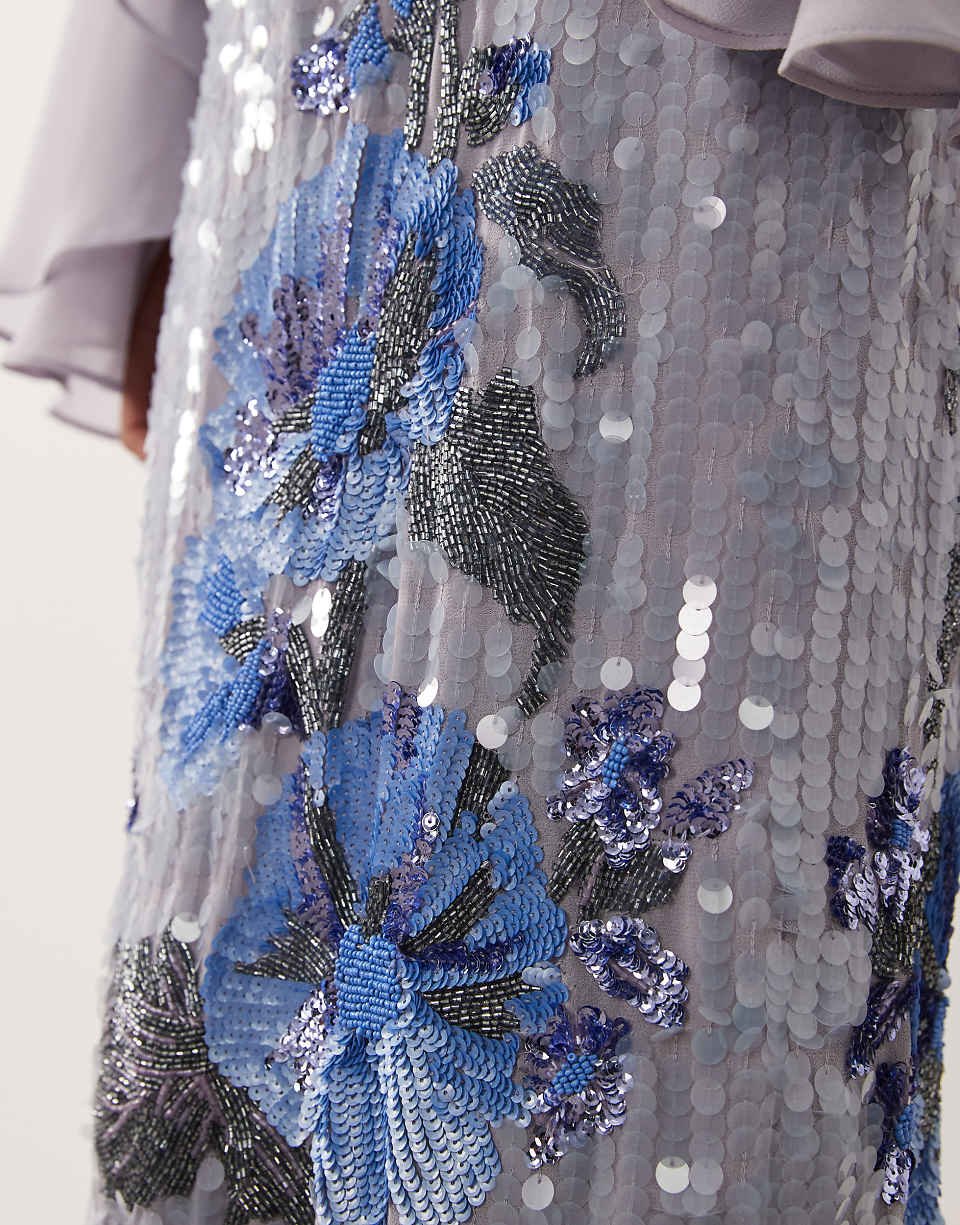 Blue Maxi Dress With Embellished Skirt And Cape Detail
