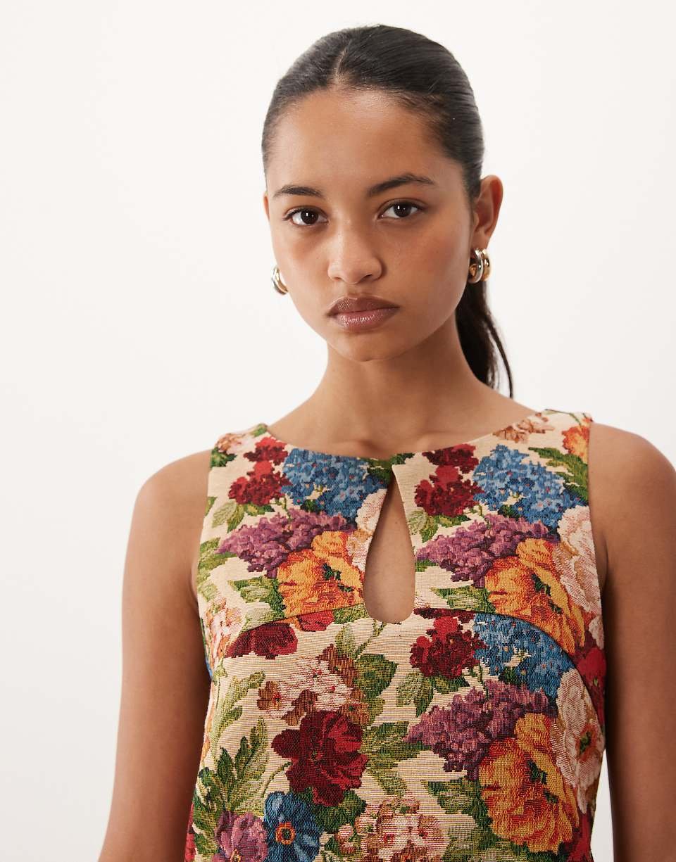 Tapestry mini dress with boat neck