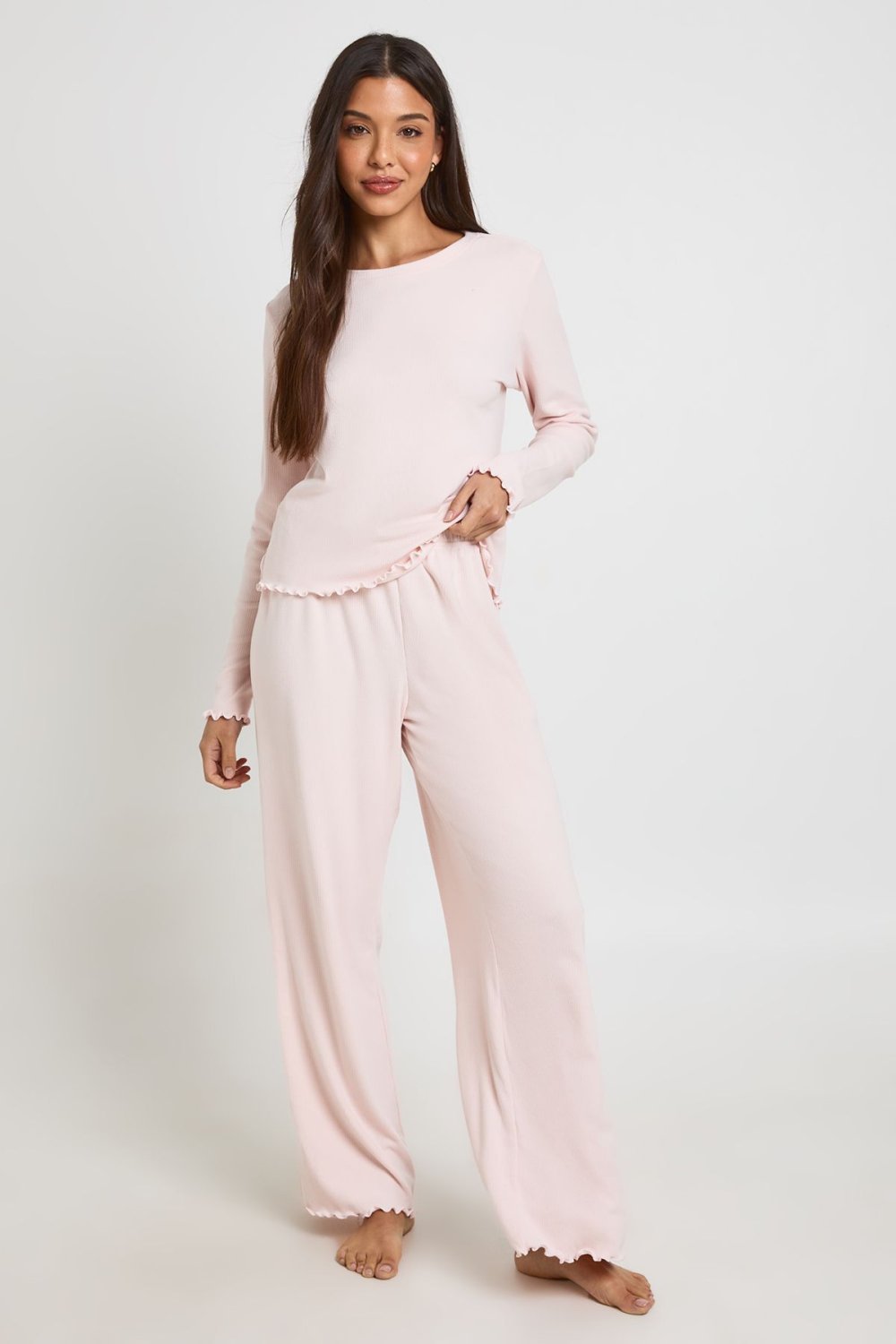 Ribbed top and trouser pyjama set with lettuce hem