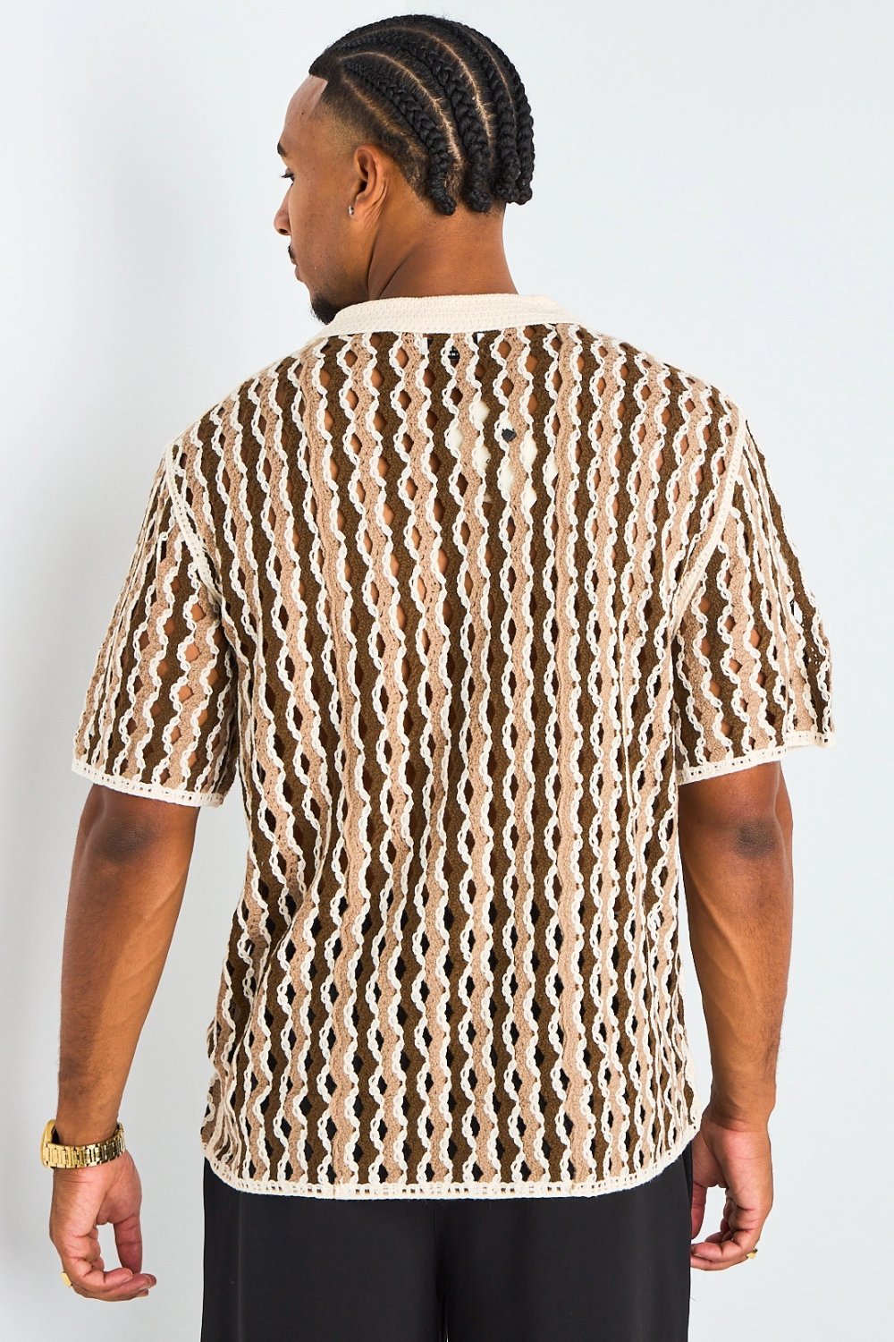 Chemise en crochet bicolore marron et taupe