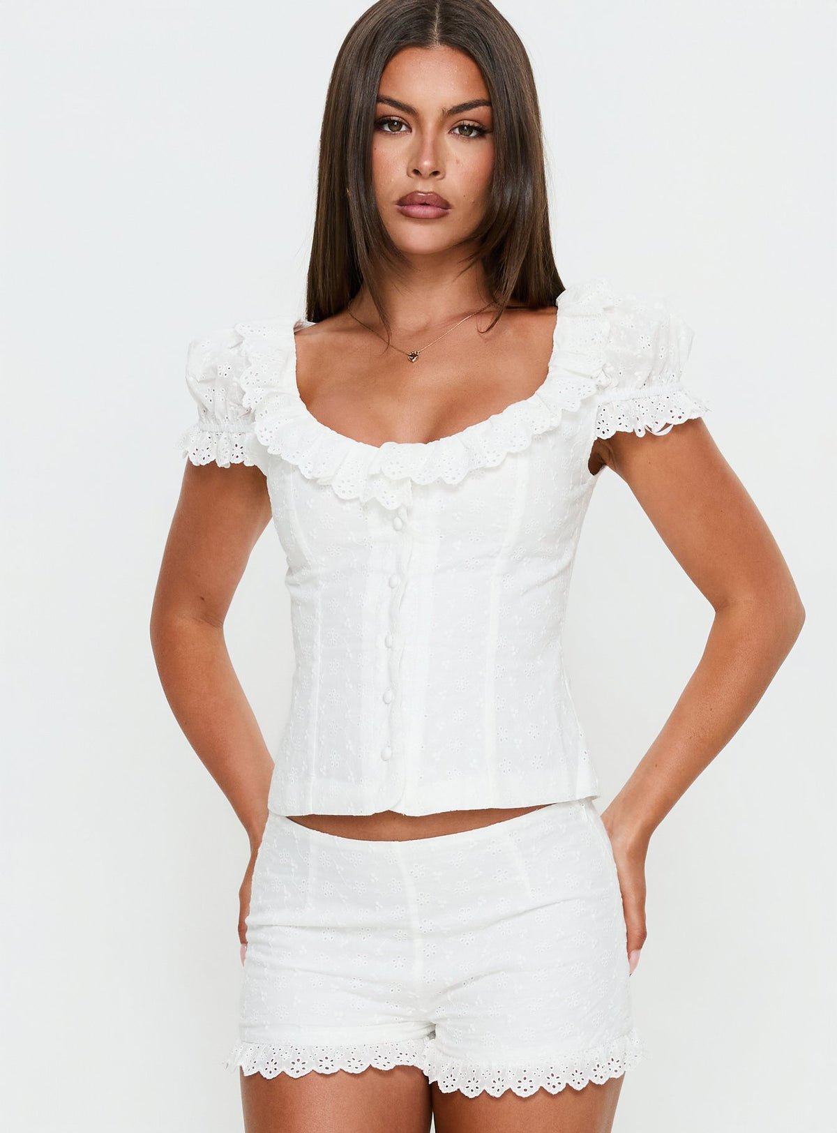 Button-up frill top with lace-trim cap sleeves