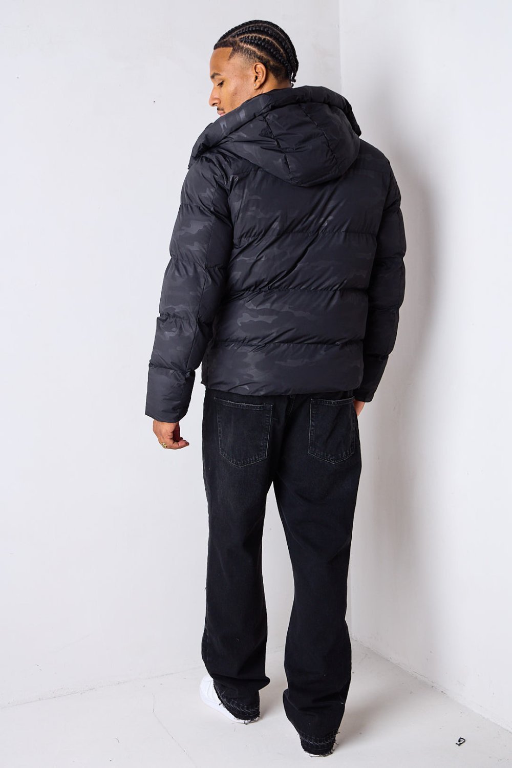 Black short quilted puffer with detachable hood