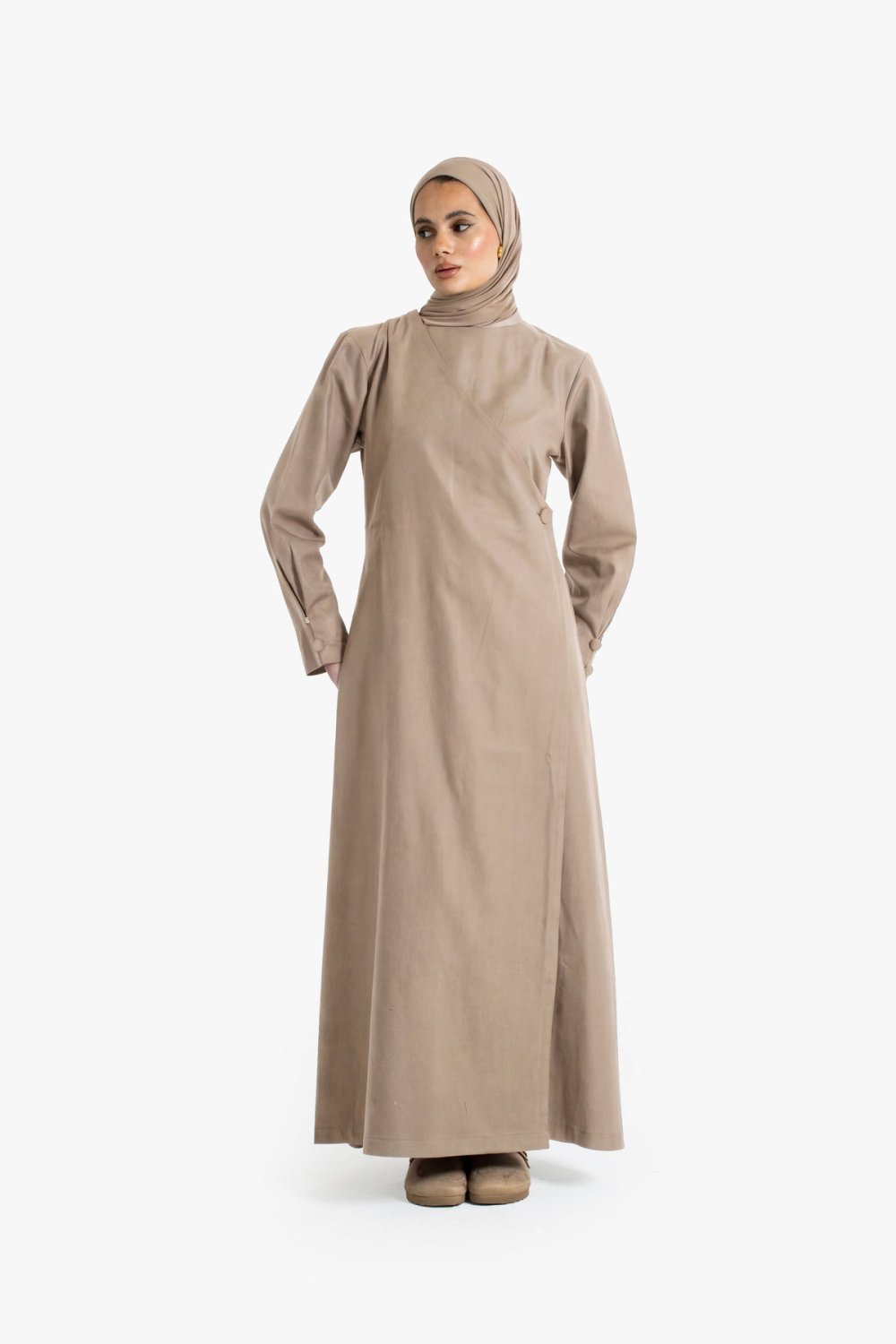 Cotton Tencel side-button wrap dress - Beige