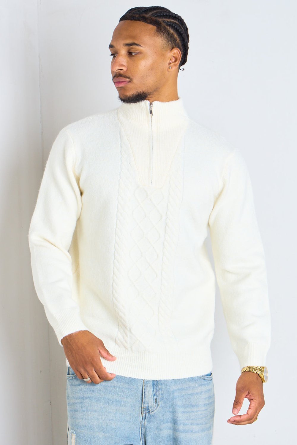 Ecru zip-neck jumper with raised knit pattern