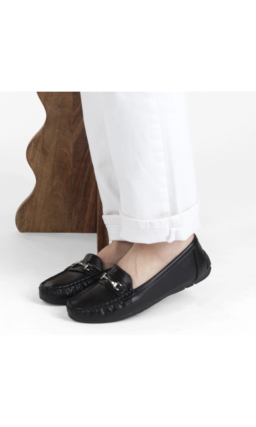 Black faux leather loafers, silver horsebit