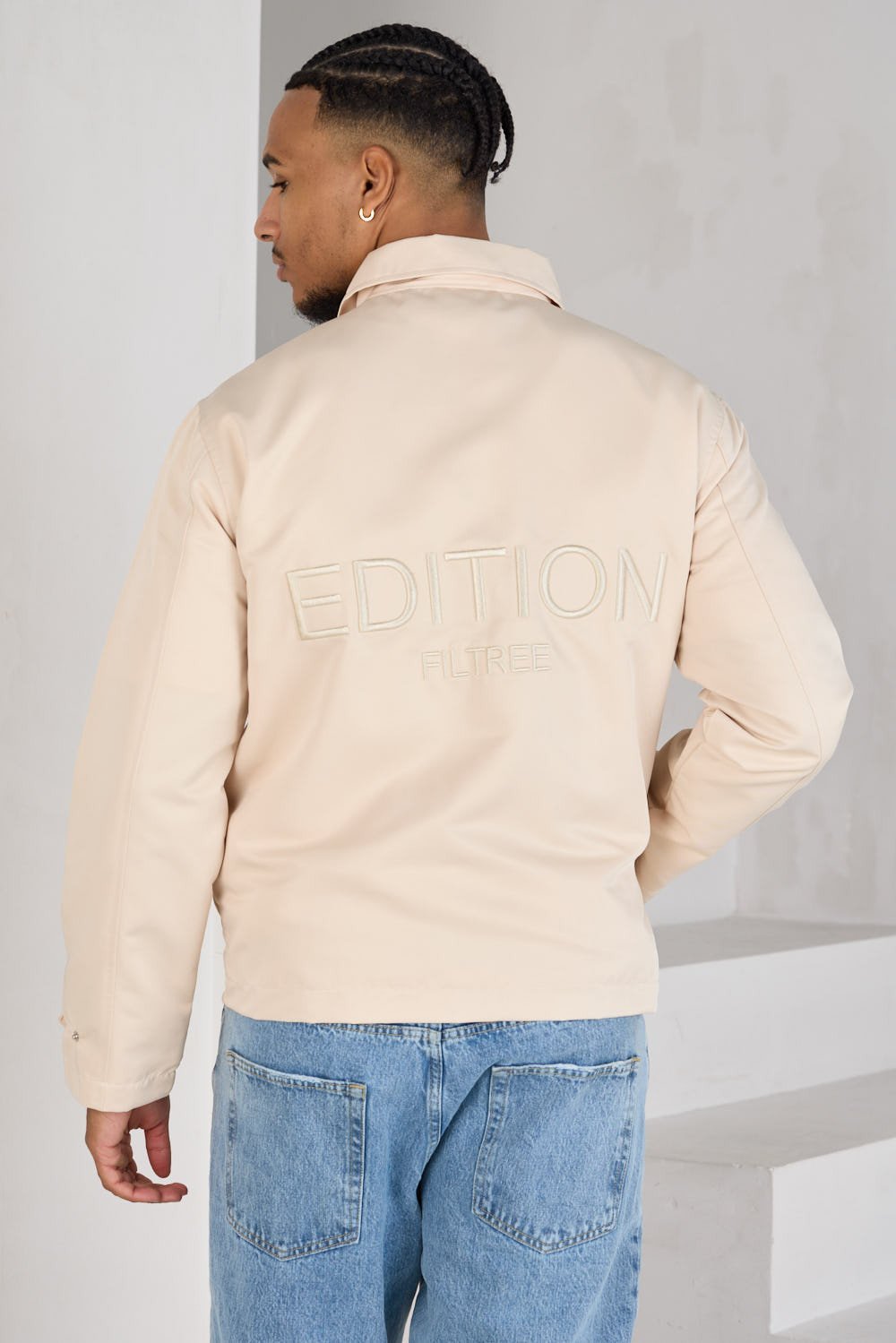Beige zip and button jacket with lapel collar