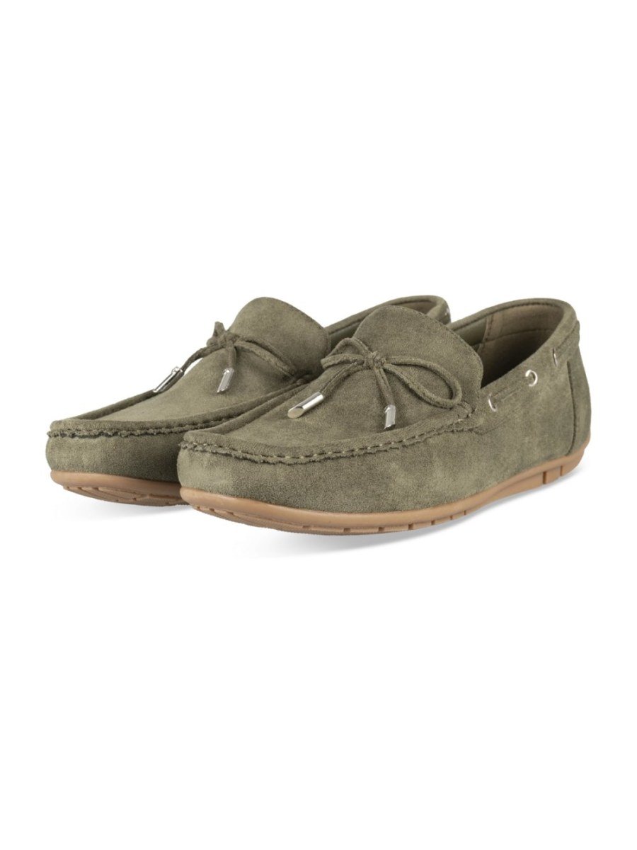 Khaki suede-effect bow loafers