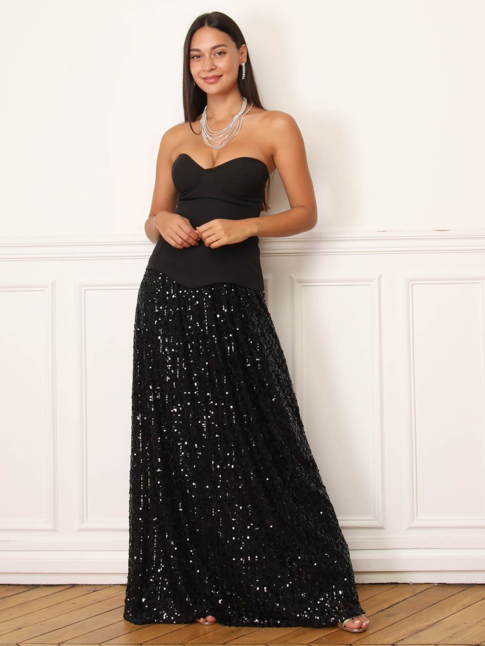 Black strapless maxi dress with sequin skirt