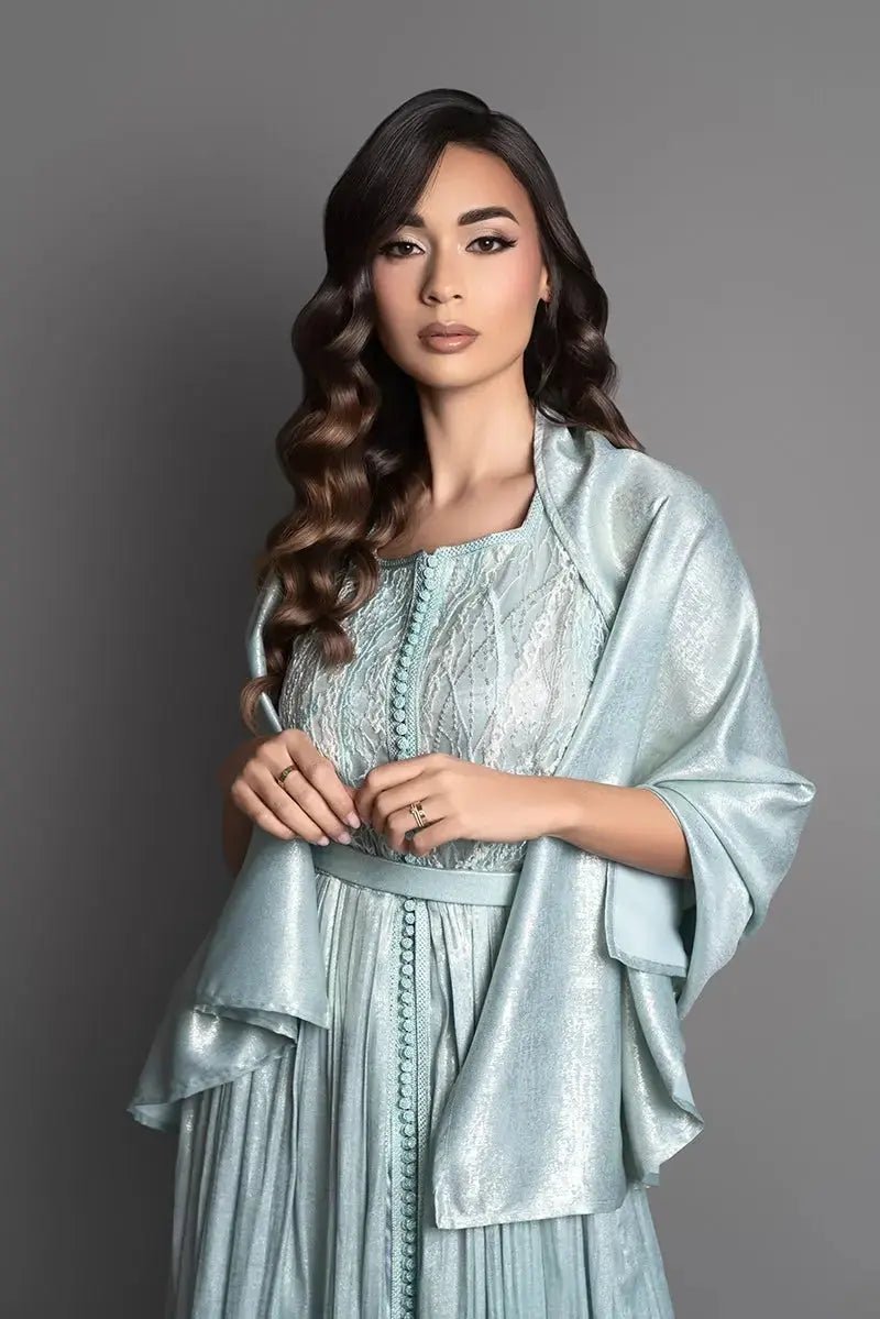 قفطان بلا أكمام من الدانتيل واللاميه أخضر مائي