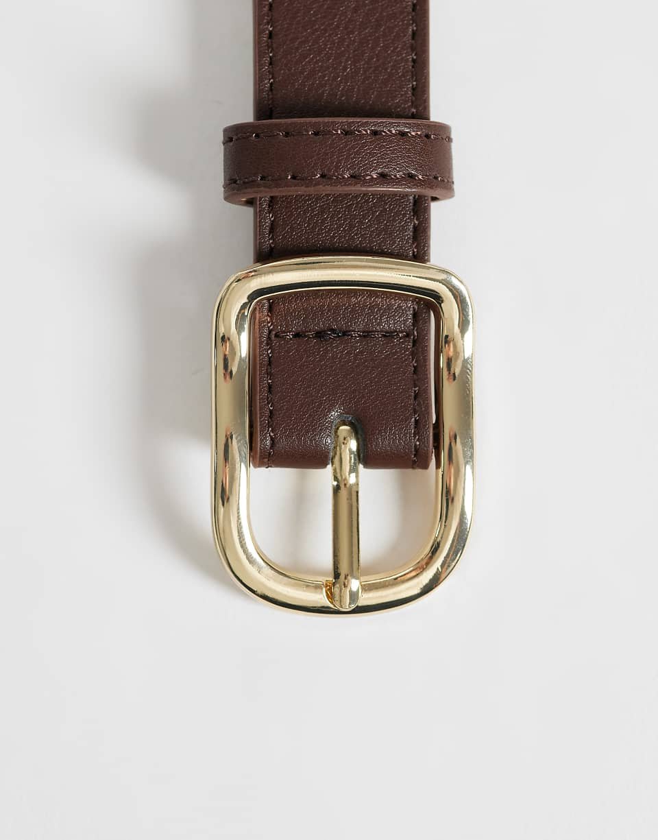 Leather-look belt with gold tone buckle in brown