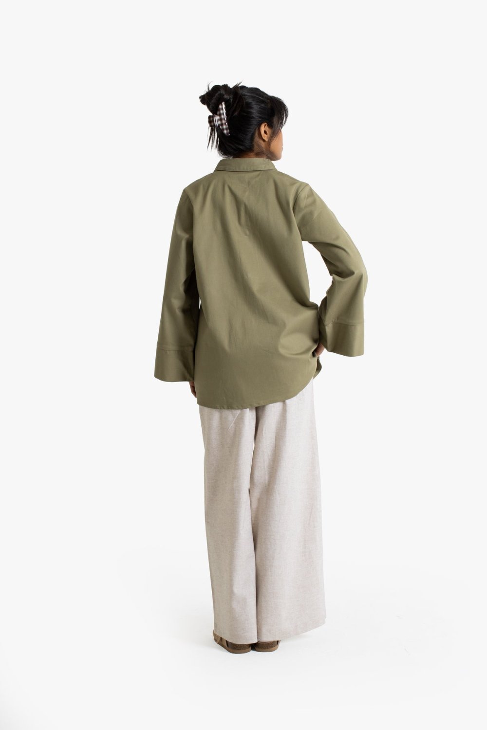 Oversized cotton collared top - Olive green
