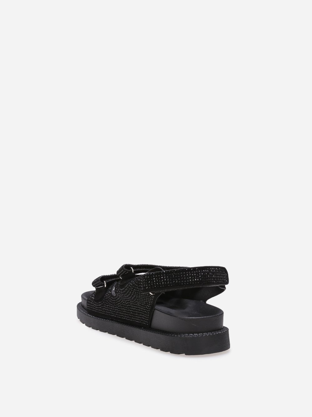 Black rhinestone strap sandals with lug sole