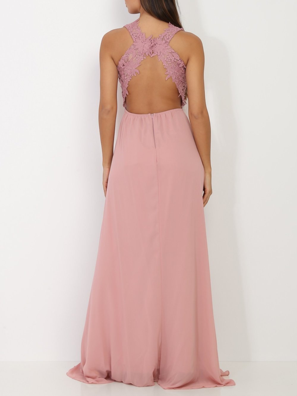 Dusty pink embroidered beaded tulle maxi dress
