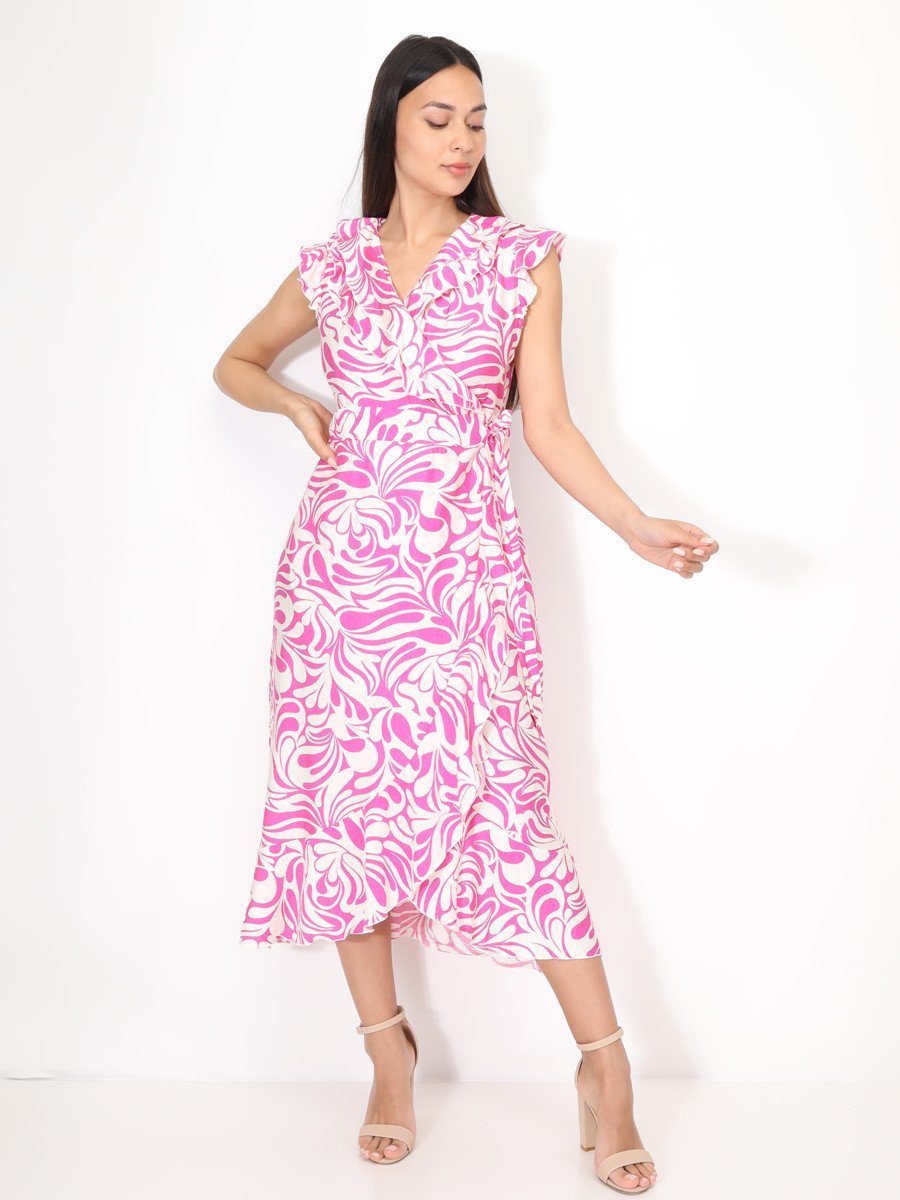 Robe portefeuille à volants imprimé abstrait fuchsia