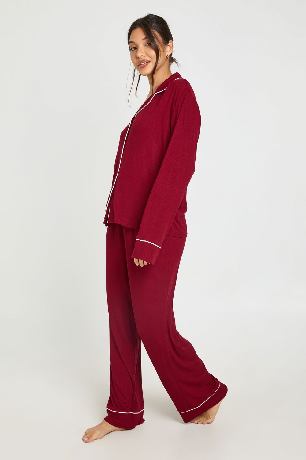 Ribbed shirt and trouser pyjama set with piping