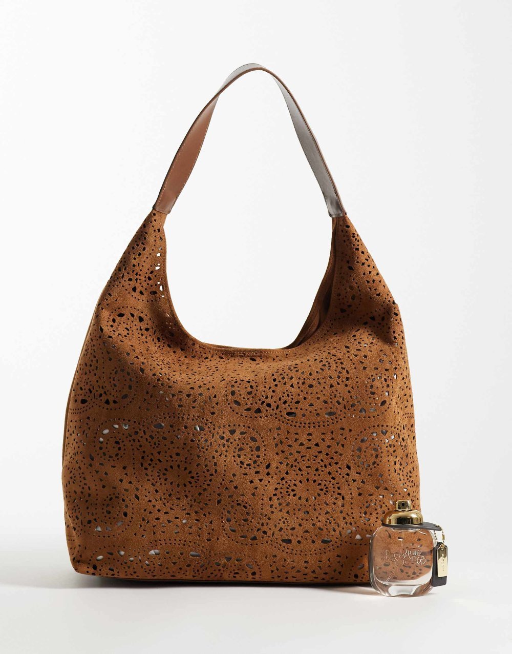 Tan faux suede tote bag with pouch