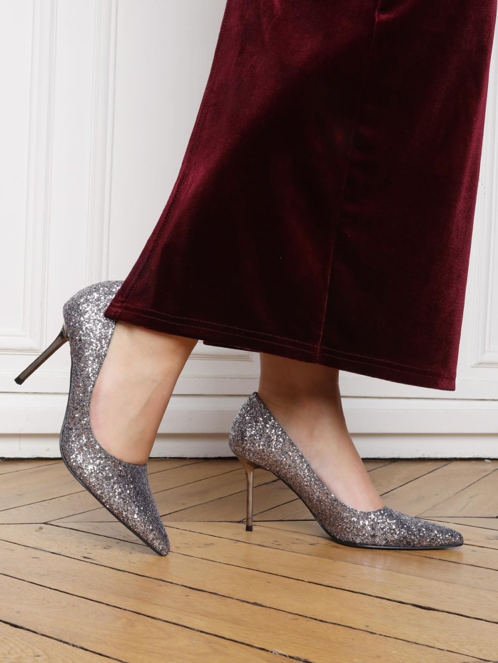 Grey sequin heels with metallic heel