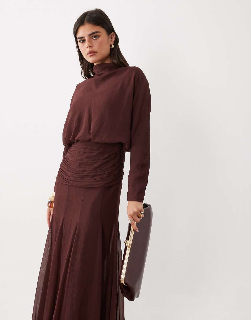 Robe twila mousseline b taille froncée w empiècements godets - Marron chocolat