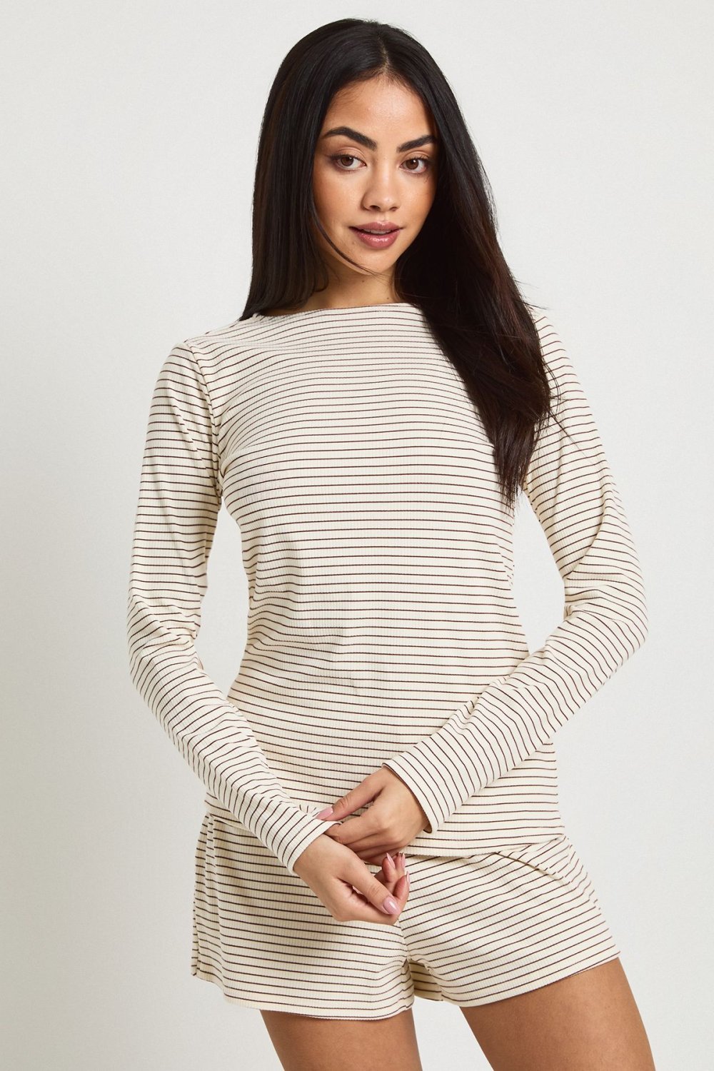 Cream striped ribbed top and shorts pyjama set