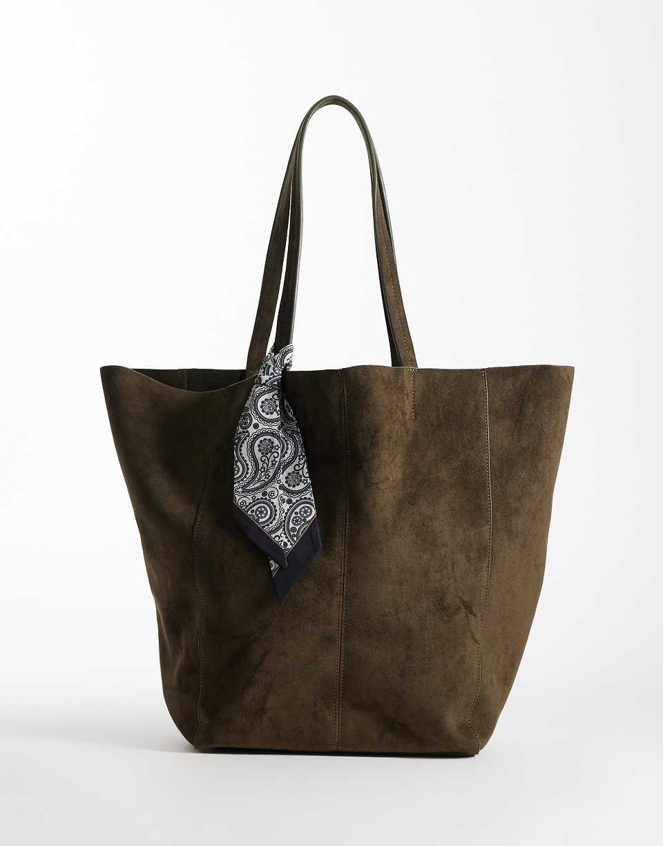 Tote bag en imitation daim avec foulard à motif cachemire - Kaki