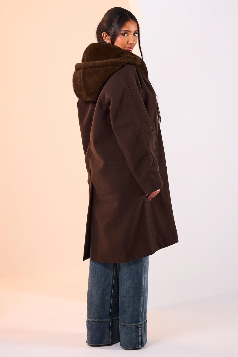 Brown long coat with fluffy hood