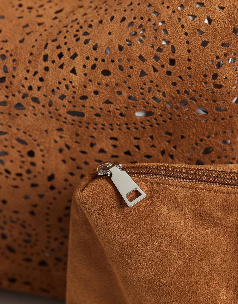 Tan faux suede tote bag with pouch