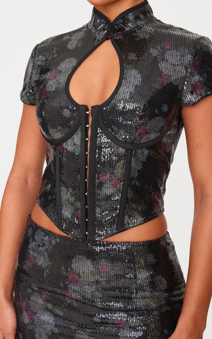 Haut corset col montant b bande sequins imprimés